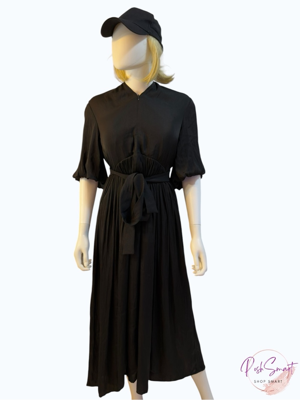 Banana Republic Petite Black Zip Front Belted Midi Dress | Size 14P